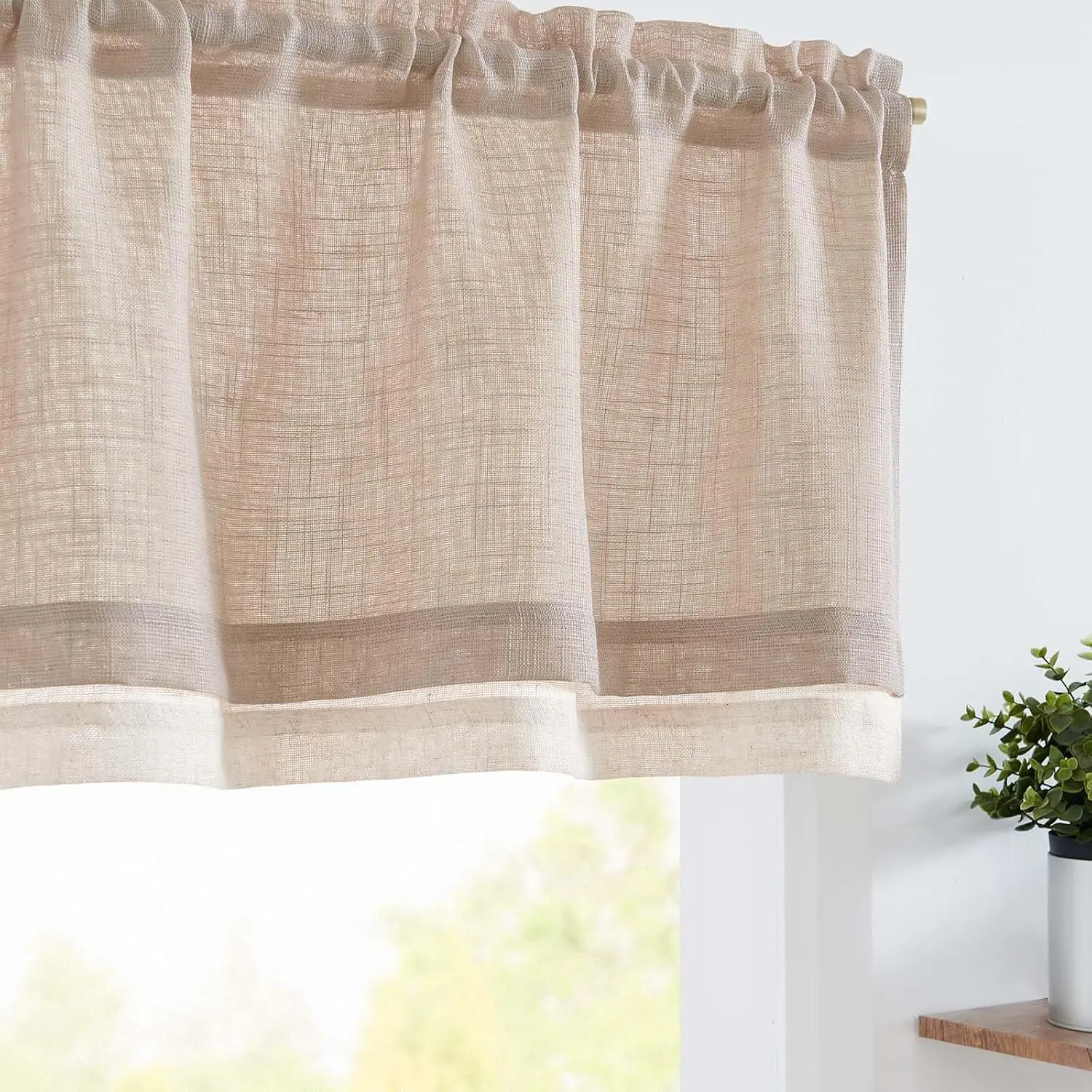16-Inch Slubbed Crossed Double Layer Farmhouse Linen Valance - Home Decoration Curtain, Light Filtering Rustic Country Overlay with Rod Pocket, 1-Panel Blush Beige for Kitchen & Living Room Windows (Rod Compatible)