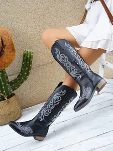 Classic Retro Western Style Embroidered High Top Jeans Boots for Women, Vintage Cowboy Boot, western cowgirl cowboy boots Pointed Toe Thick Heel Comfortable Commuter Long Boots, Side Zip Anti-Slip Rubber Sole