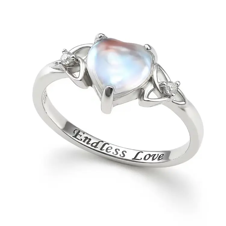 Heart‑Shaped Moonstone Ring for Women, Celtic Knot Endless Love Engraved Ring, Dainty Silver Tone Promise Ring with CZ Accents, Romantic Love Statement Jewelry Gift