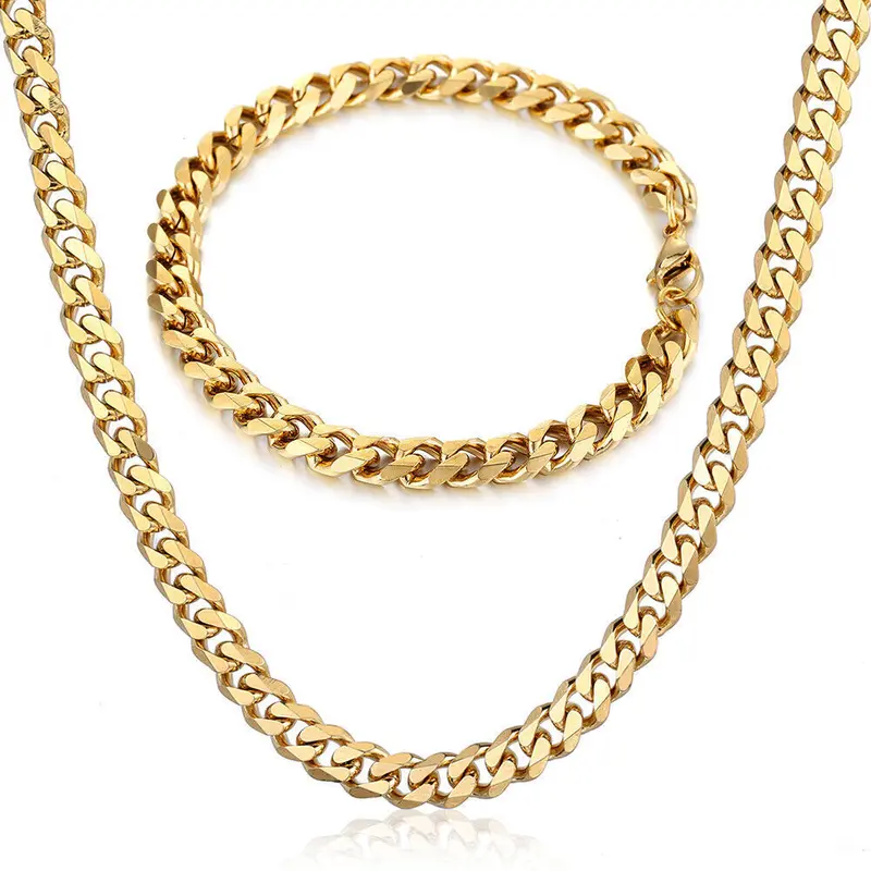 Hermah 3/5/7mm Jewelry Set Gold Plated Stainless Steel Curb Chain Necklace Bracelet 8-24" For Men Women