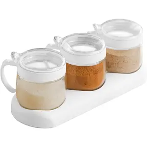 3Pack 12oz/350ml Clear Glass Condiment Spice Jars Set with Lids Spoons and Tray, Seasoning Container for Sugar Pepper Suitable for Kitchen Counter