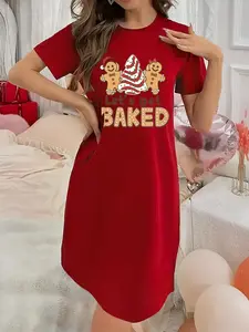 Soft Slightly Stretchy Women's Lingerie Christmas Tree Sugar Cookie Printed Short Sleeve Round Neck Nightgown Sexy Elegant Young Ladies Christmas Dresses Perfect for Halloween, Christmas and Thanksgiving!