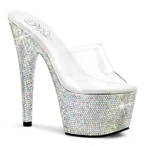 PLEASER BEJEWELED-701DM Clear-Silver Multi Rhinestone Platform Slides, Shoe, High Heel