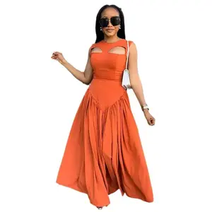 Summer Spring Dresses Pullover Hollow Solid O Neck Women Dress Sleeveless High Street Sexy Ankle Length Vestidos Loose Fit Shirring 2025 Womenswear Casual Orange Red_Beige