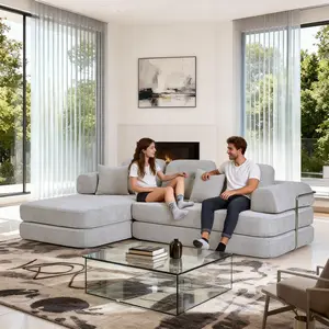 Multi-Shape Plush Sectional Sofa with Movable Ottomans | No-Tools Assembly Modular Design, Cloud Velvet Fabric, Optimal Space Saver