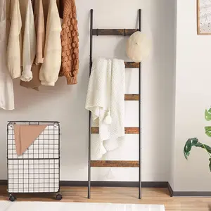 5 Tier Iron and Wood Ladder Rack Blanket Ladder Towel Drying Storage Rack Bathroom Bedroom Decorative Hooks Hanging Metal Organiser Hangable Wooden