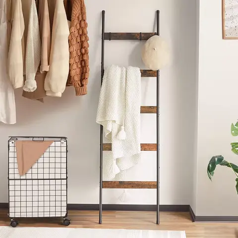 5-Layer Rectangular Rust-Resistant Metal-and-Wood Blanket Ladder Rack with Hooks - Durable, Anti-Slip Pads, No-Drill Space Saver, Modern Bathroom Accessories, 17.17x5.43x2.95 In, 3.95 Lbs, Home Storage Organizer (Bathroom, Bedroom Use)