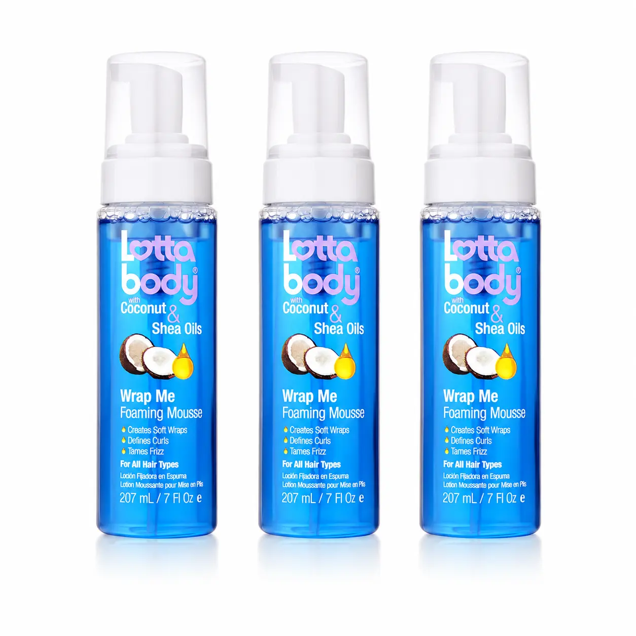 Lottabody Coconut Oil & Shea Wrap Me Foaming Curl Mousse 7 Fl Oz (Pack of 3) Lightweight Curl Defining Hair Mousse for Natural Curly & Coily Frizz Control & Shine