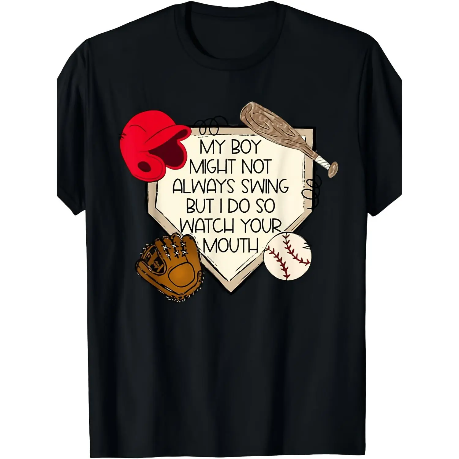 My Boy Might Not Always Swing But I Do So Game Baseball Mom T-Shirt - Funny Graphic Tee with Bat & Ball Design, 220gsm Heavyweight Pure, Unisex Retro Round Neck Shirt for Men & Women, All-Season Casual Wear for Baseball Parents & Fans