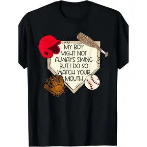 My Boy Might Not Always Swing But I Do So Game Baseball Mom T-Shirt - Funny Graphic Tee with Bat & Ball Design, 220gsm Heavyweight Pure, Unisex Retro Round Neck Shirt for Men & Women, All-Season Casual Wear for Baseball Parents & Fans