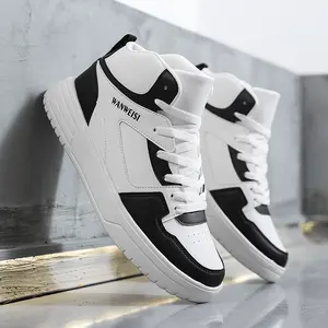 Men's High Top Sneakers, White Black Casual Basketball Shoes, Comfortable Leather Walking Shoes for Men, Non-Slip Streetwear Skate Shoes, Fashion Lace-Up Ankle Boots for Daily Work School