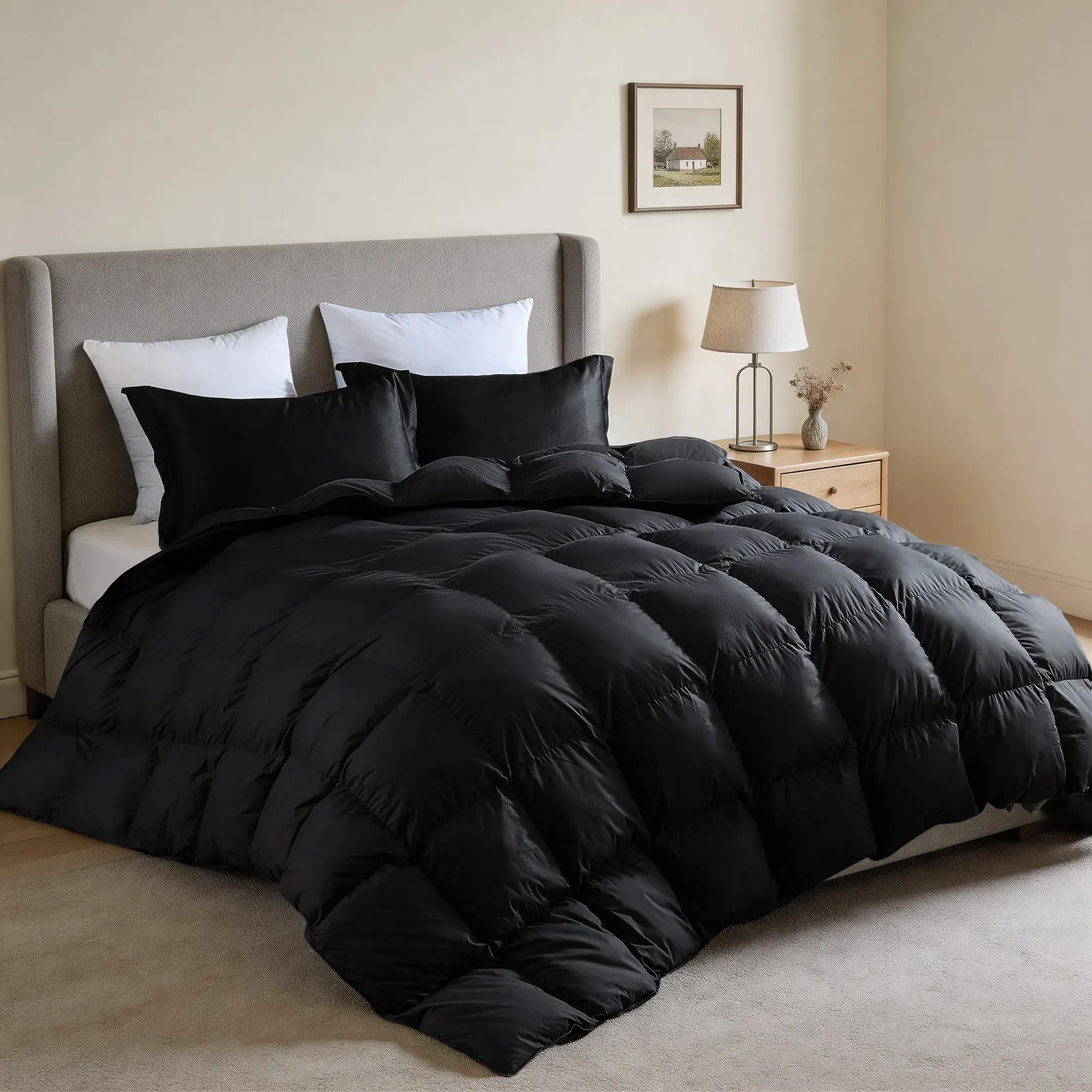InnerNight Sleep Black King Size Feather Blend Duvet Insert - Anti-Down Anti-Leak Fabric, Box Stitched, Corner Tabs, Year-Round Cozy Chic Bedding, Dark Aesthetic Duvets & Sets, Cozy Bed Setup for Feel Cosy Experience,familyfun