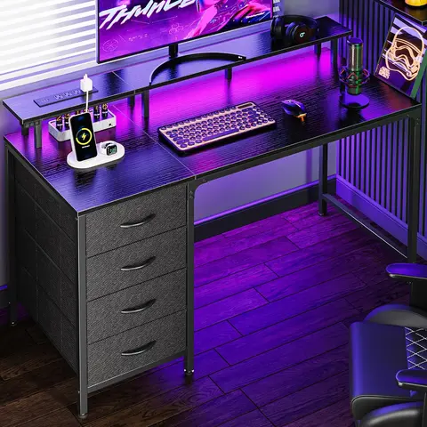 Sweetcrispy 47in Wood-Metal Gaming Computer Desk - Compact Office Workstation Writing Table with Elevated Monitor Stand, Power Outlets, LED Lights, 4 Drawers, Solid Metal Frame, Numbered Parts for Easy Assembly, Small Space Home Office Furniture, Writing