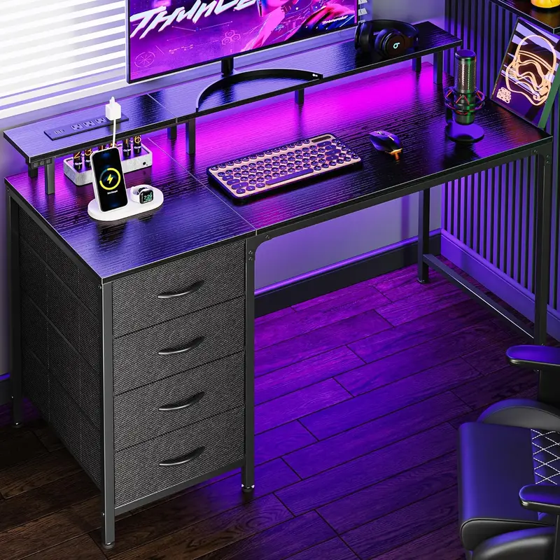 Computer Desk with Power Outlets and LED Lights, Gaming Desk with 4 Drawers, Office Desk with Monitor Stand, Study Work Home Office, Small Spaces, Black