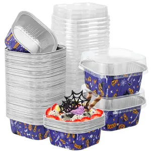 100Pcs Halloween Mini Disposable Cake Pans with Lids, Aluminum Foil Square Baking Cups Pie Tin Tart Pans Ramekins Browni Baking Cups Dessert Cups for Halloween Party,5oz