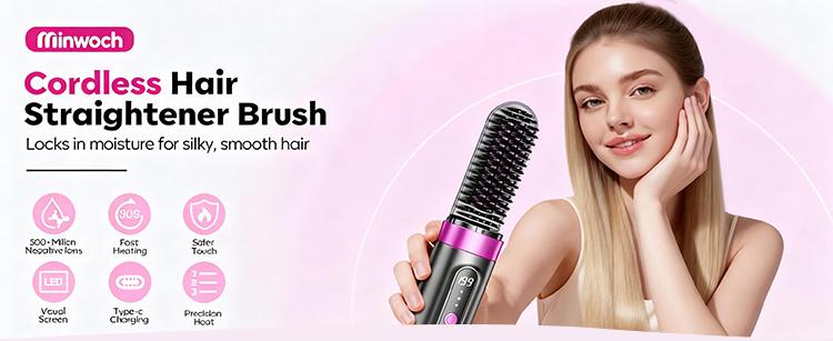 Cordless Hot Brush 2-in-1 Straightening & Curling 200Million Negative Ions 360° Heating Safe Mode Ceramic Coating Portable Travel-Friendly Flat Iron Plancha de Cabello