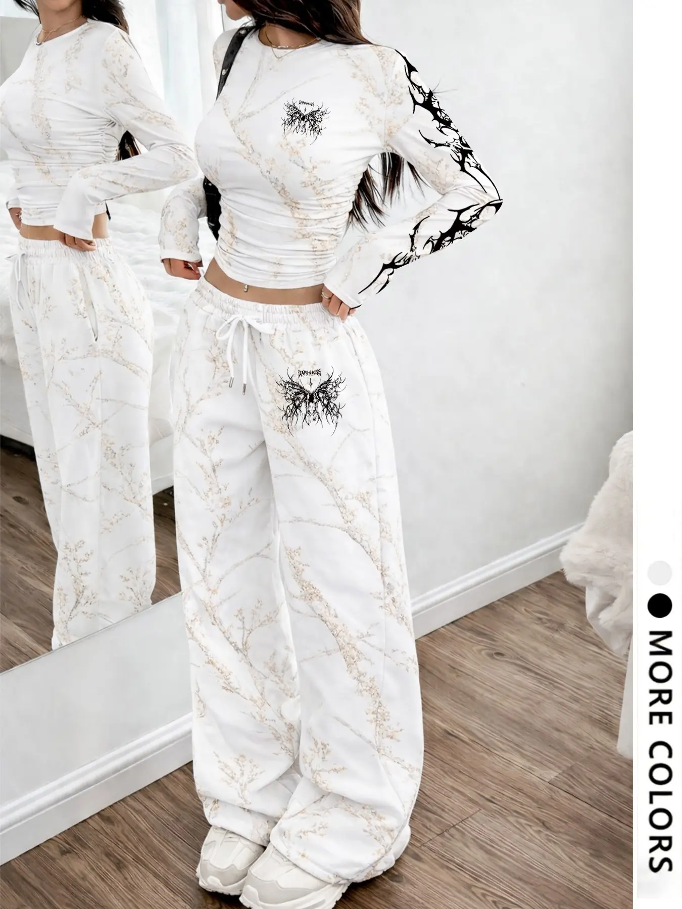 Women's Two-Piece Set, Round Neck Long Sleeve Top, Straight Leg Pants, Plant Print, Drawstring Design, Comfortable Fabric, Casual Style, Adjustable