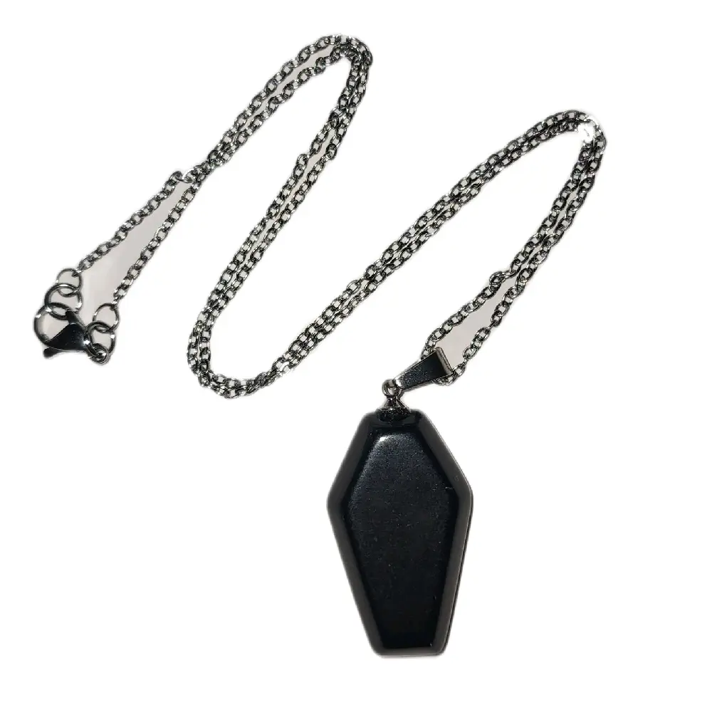 Natural Obsidian Coffin  18" Necklace - Stainless Steel Charming Design with Unique Quirky Charm for Spooky Lovers & Versatile Appeal