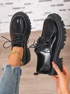 Women's Thick Sole Loafers, Lace-Up Closed Walking Shoes, Spring Fall Casual PU Leather Shoes, Solid Color, Below Ankle Height, Daily Commute, Casual Business Shoes