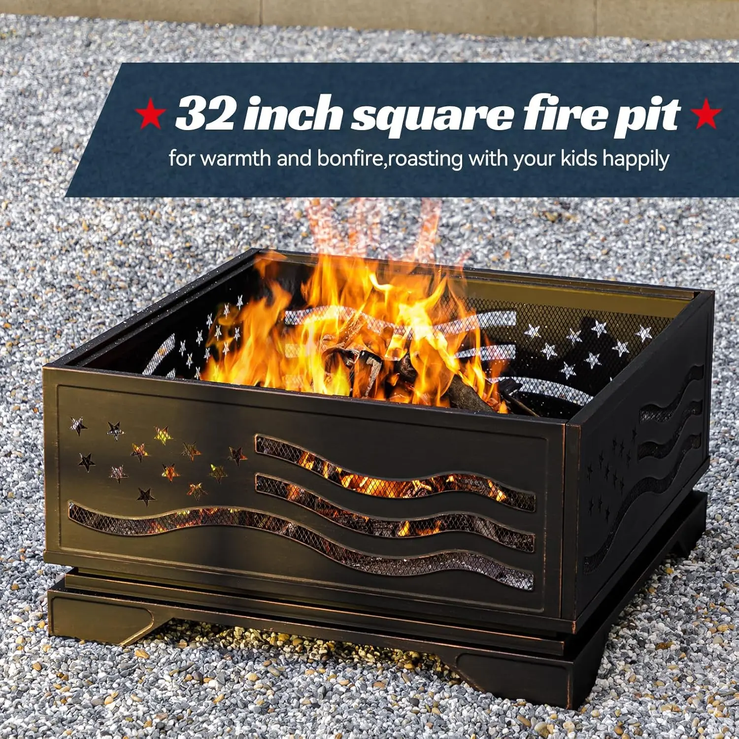 Antique Bronze 32-Inch Square Wood-Burning Stand-Alone Fire Pit & Bowl with Iron-Steel Construction, Spark Screen, Poker for Outdoor Backyard, Patio, Party Use