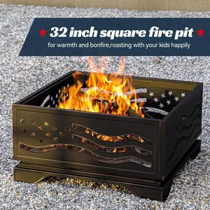 32 Inch Square-Shaped Fire Pit with Spark Screen & Poker for Outdoor Use in Backyard, Patio, Party, Garden, Picnic and Camping in Antique Bronze Finish
