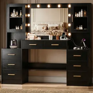 58.3" Vanity Desk with Mirror, Replaceable Lights & Charging Station, Bedroom Dressing Table, Large Vanity Set, 8 Drawers and 2 Cabinets, Makeup Vanity Table with Charging Station, Without Stool, White/Black/Pink