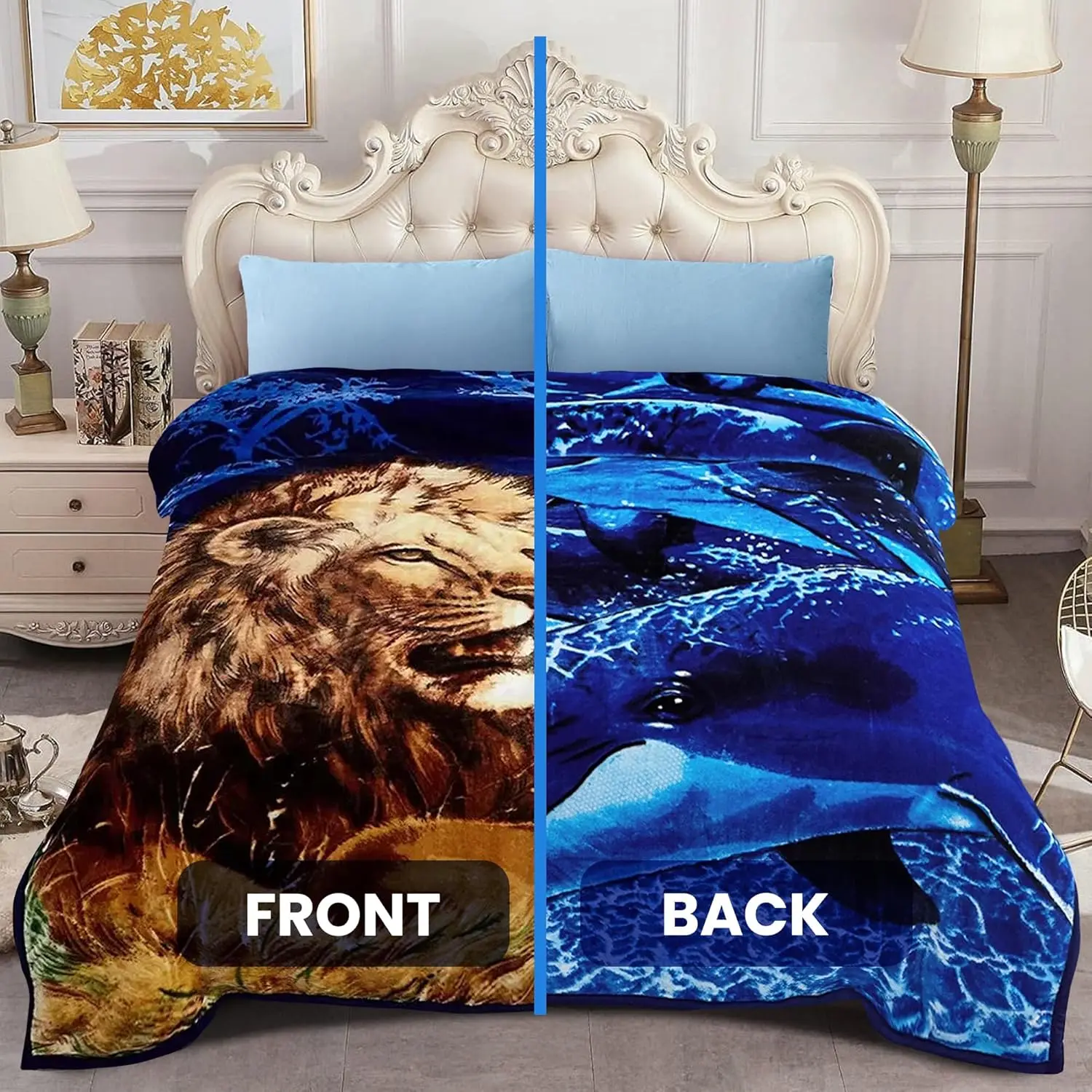 YHSF Mink 2-Ply Blanket Supersoft Lion Dolphin Design