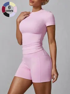 Two-piece Set Women's Solid Round Neck Tee & Biker Shorts Sportswear Set, Athletic Style Activewear, Sporty Casual Breathable Outfits for Gym Workout Running