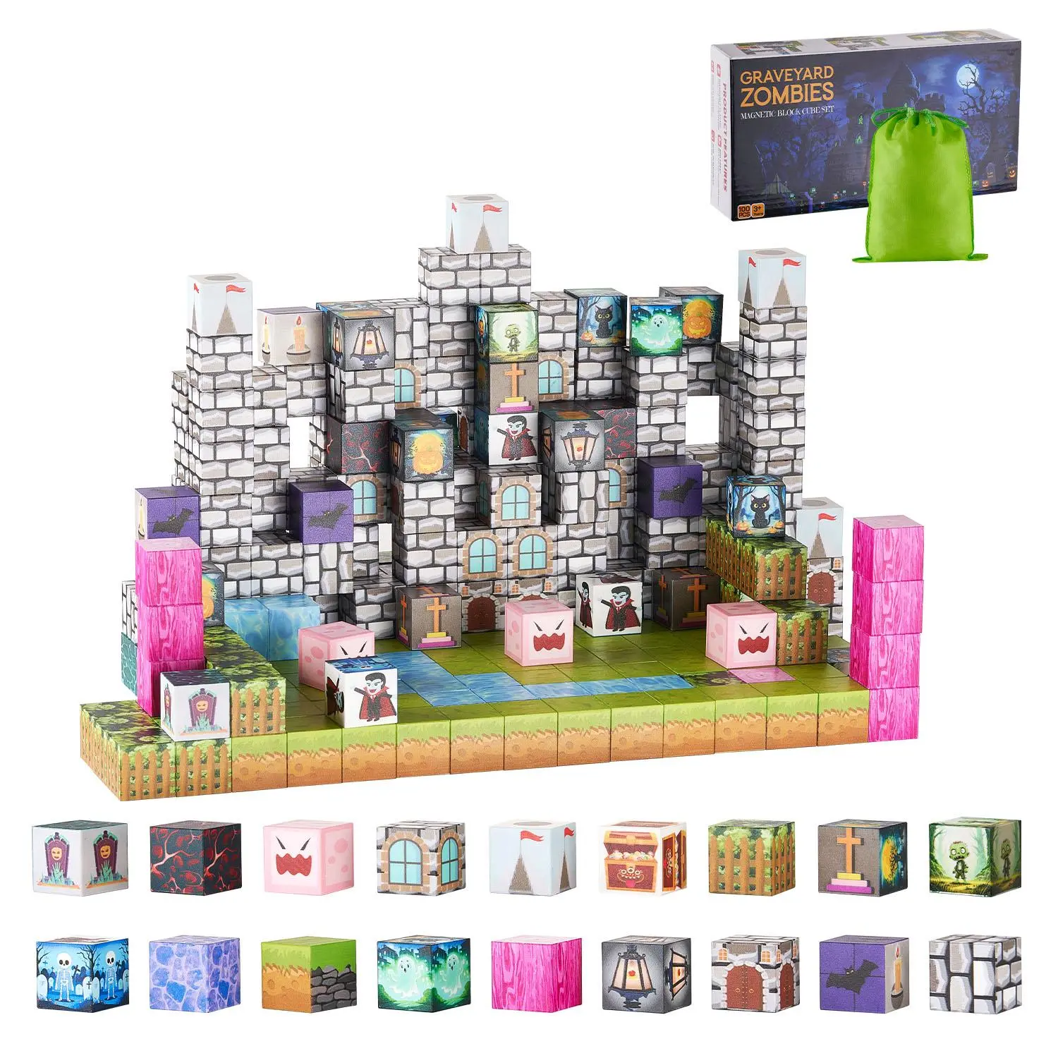 VEVOR Creative Magnetic Blocks, 100 PCS Cemetery Zombies Color Blocks Model Building Kits, STEM Montessori Sensory Toys for 3-4 Years Old Kids, Christmas Birthday Gifts for Children Development & Learning#BackToSchool