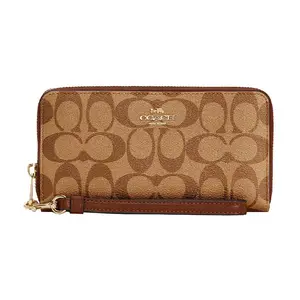 Coach Zip-Around 19 Long Wallet in Signature Canvas with Leather Trim for Women in Mahogany