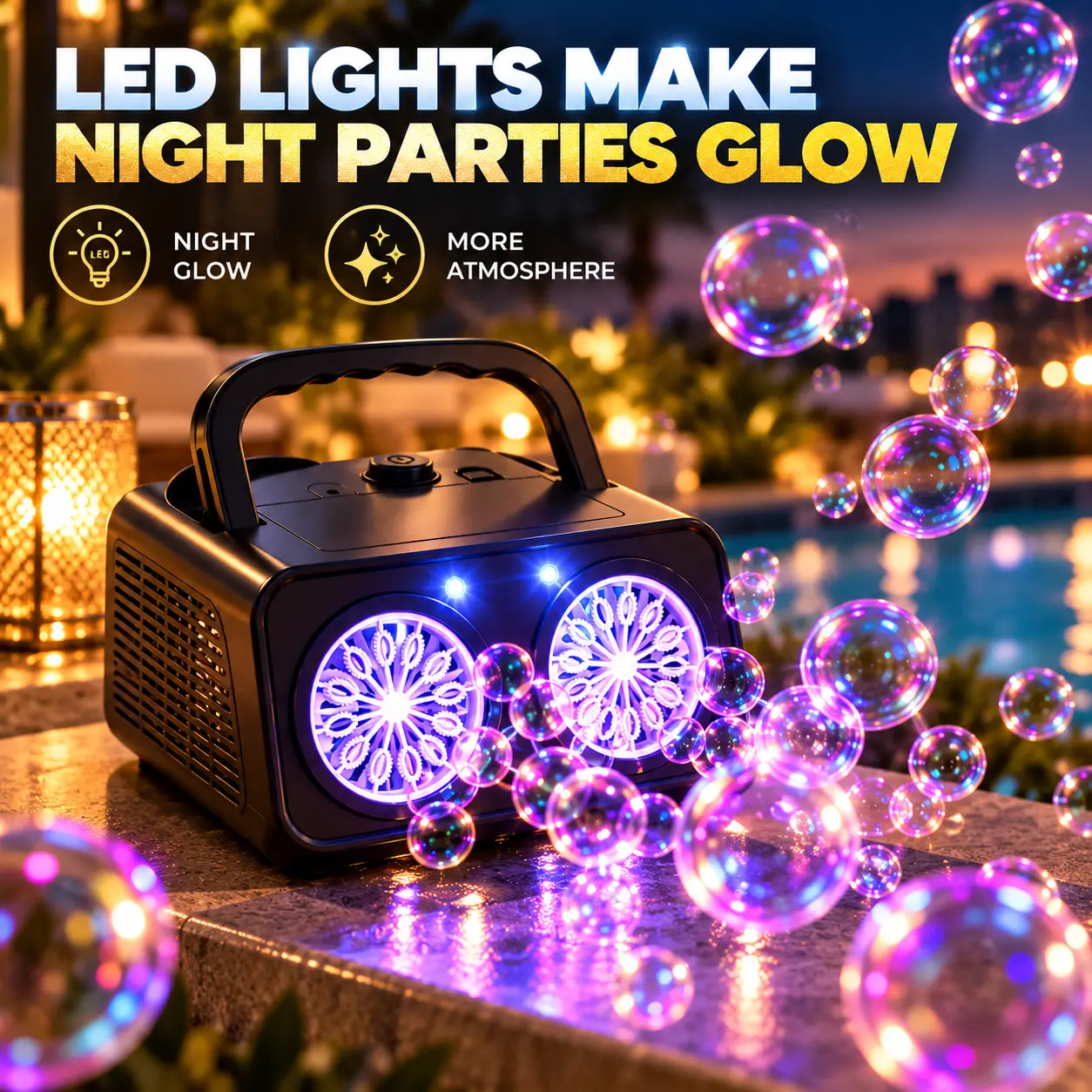 Upgraded automatic bubble machine with dual wheels for easy portability, 33,000+ bubbles per minute, dual power supply and LED colorful lights, leak-proof water tank, suitable for wedding, camping, Halloween, and Christmas party decorations