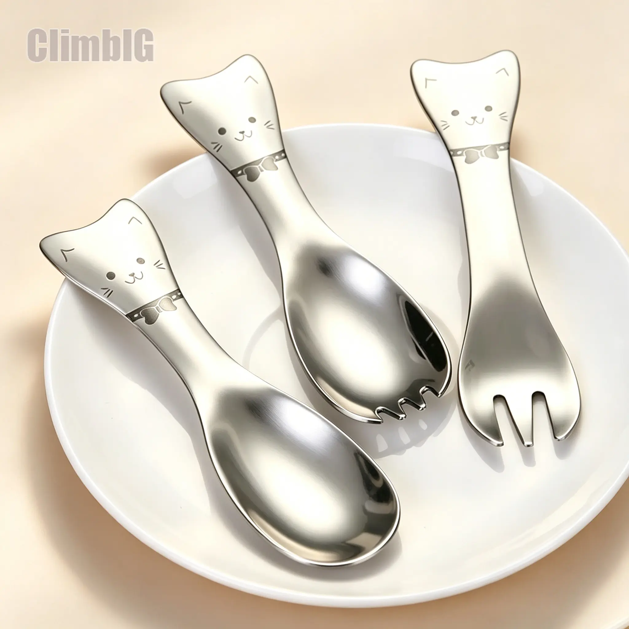 1Pcs/3Pcs Creative Cat-Themed Stainless Steel Spoon and Fork Set—Includes Cute Short-Handled Spoons For Desserts, Ice Cream, and Salads, Plus Fruit Forks; Reusable, Portable Cutlery Perfect For Camping, Outdoor Activities, And Picnics—A Kitchen Essential