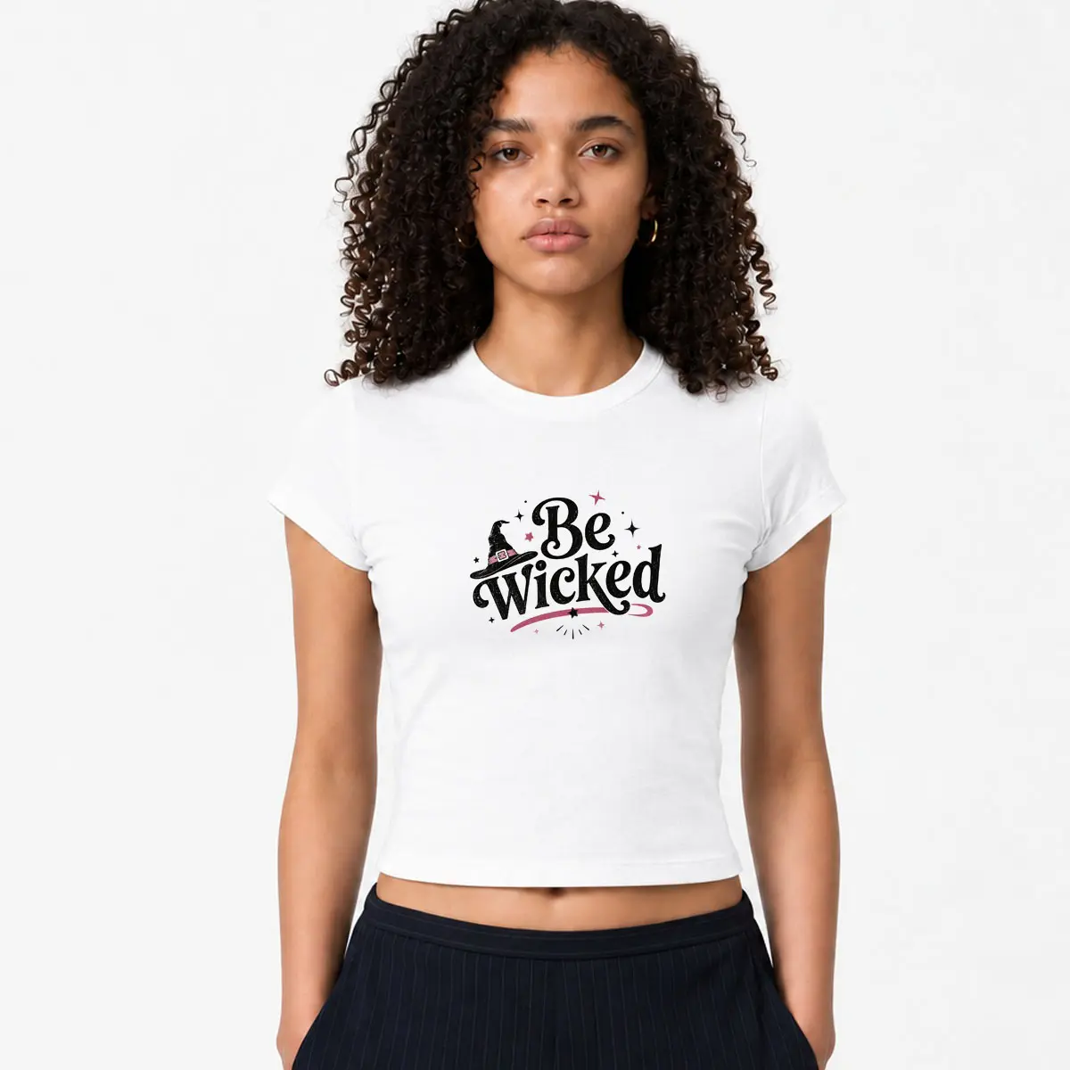 Be Wicked Baby Tee Women Micro Rib Cropped Bella Canvas T-Shirt, Halloween Witch Graphic Fitted Short Sleeve Top