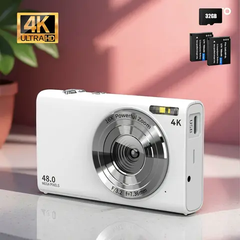 Pocket Digital Camera, 4K Autofocus Vlogging Camera with Flash, 48MP Point and Shoot Digital Camera with 16X Zoom, Anti-Shake, 32GB Card, Portable Compact Camera for Teens Adult Beginner (White), Camera Digital, Micro Sd #SummerVibes