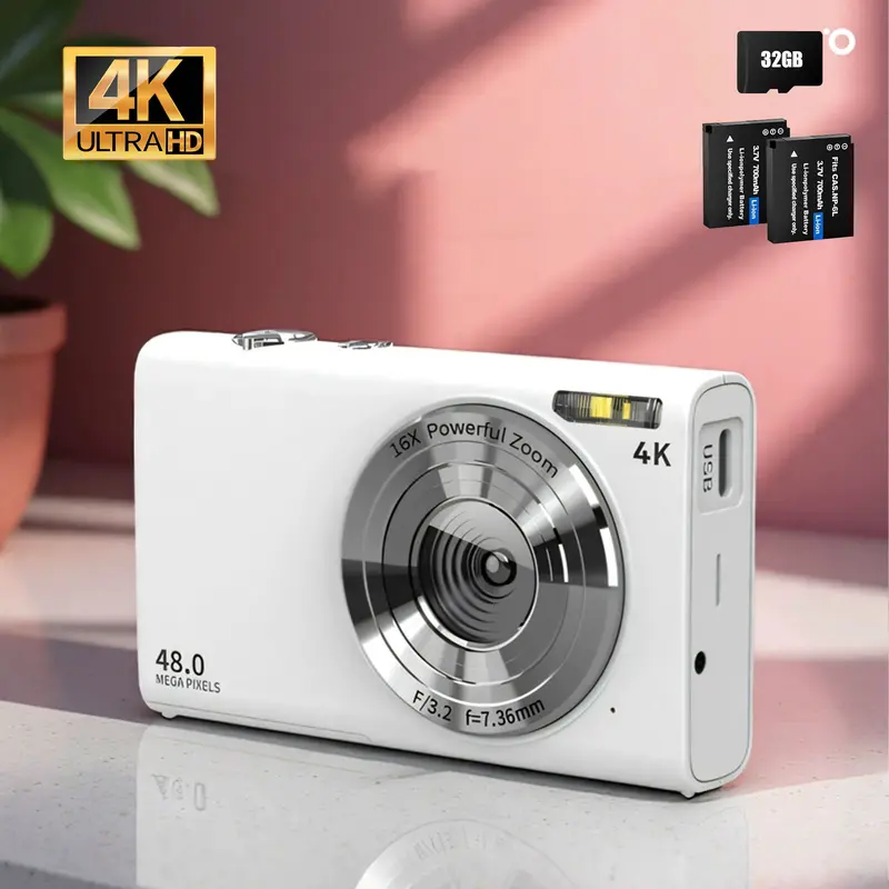 Pocket Digital Camera, 4K Autofocus Vlogging Camera with Flash, 48MP Point and Shoot Digital Camera with 16X Zoom, Anti-Shake, 32GB Card, Portable Compact Camera for Teens Adult Beginner (White)