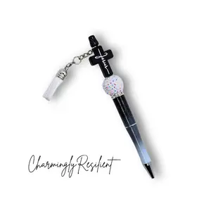 CharminglyResilient Black and White Jesus Pen with White Tassel and Refill Featuring Sparkling Design