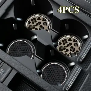 4PCS Car Cup Holder Coasters Set – No-Slip Silicone Bling Rhinestone Crystal Cup Holder Inserts, Leopard Print + Black Car Interior Accessories, Anti-Slip Waterproof Auto Coasters for Women Men, Universal Fit 2.75 inch Car Coasters