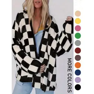 Plus Size Plaid Print Drop Shoulder Cardigan, Casual Long Sleeve Open Front Knitwear for Fall & Winter, Women's Plus Clothing for Daily Wear