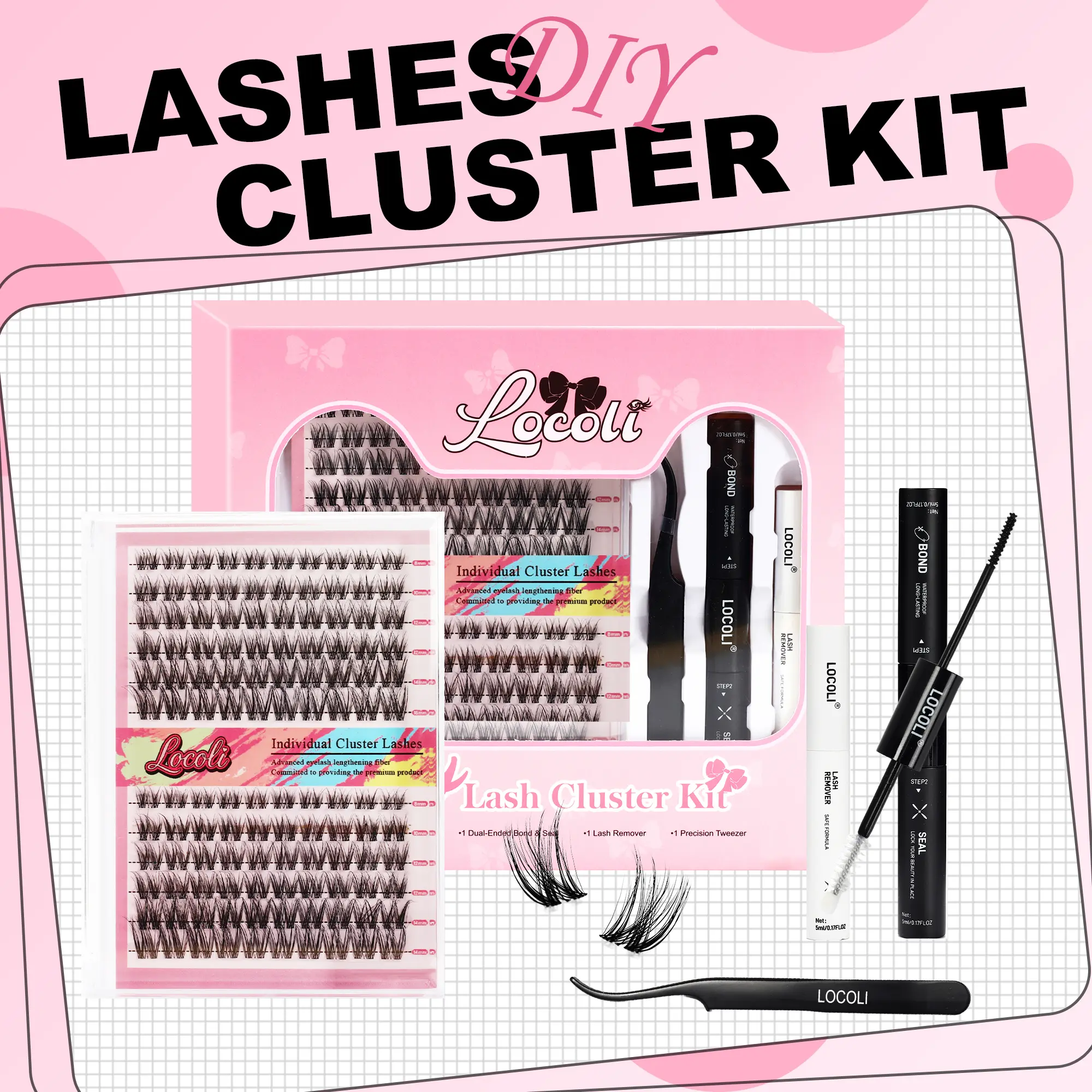 LOCOLI DIY Lash Cluster Kit - Invisible Soft Band & Waterproof Bond and Seal with Remover. Professional Salon Look at Home. Long Lasting, Pure Clean Look, Beginner Friendly. False Eyelash Extensions