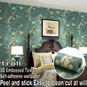 1 roll of vintage American-style 3D embossed floral self-adhesive wallpaper. Easy to apply, clean, and cut, it is suitable for smooth, clean surfaces. Ideal for wall decoration in living rooms, bedrooms, kitchens, dining rooms, and more.