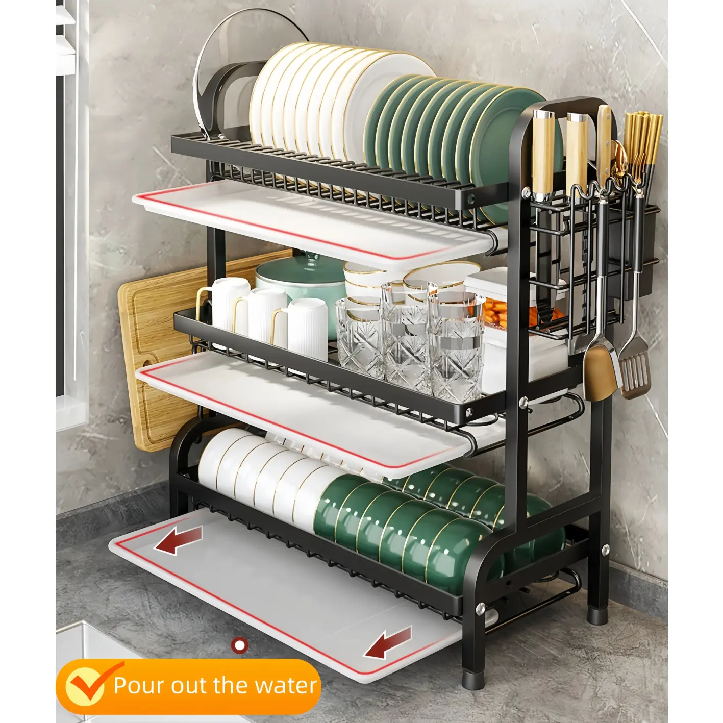 CookSide Large Kitchen Three-Tier Storage Rack, Quick Drain Multi-Tier Organizer with Knife Fork Holder, Cutting Board Stand, Wet-Free Countertop Utensils Chopping Cutlery Double Tiers