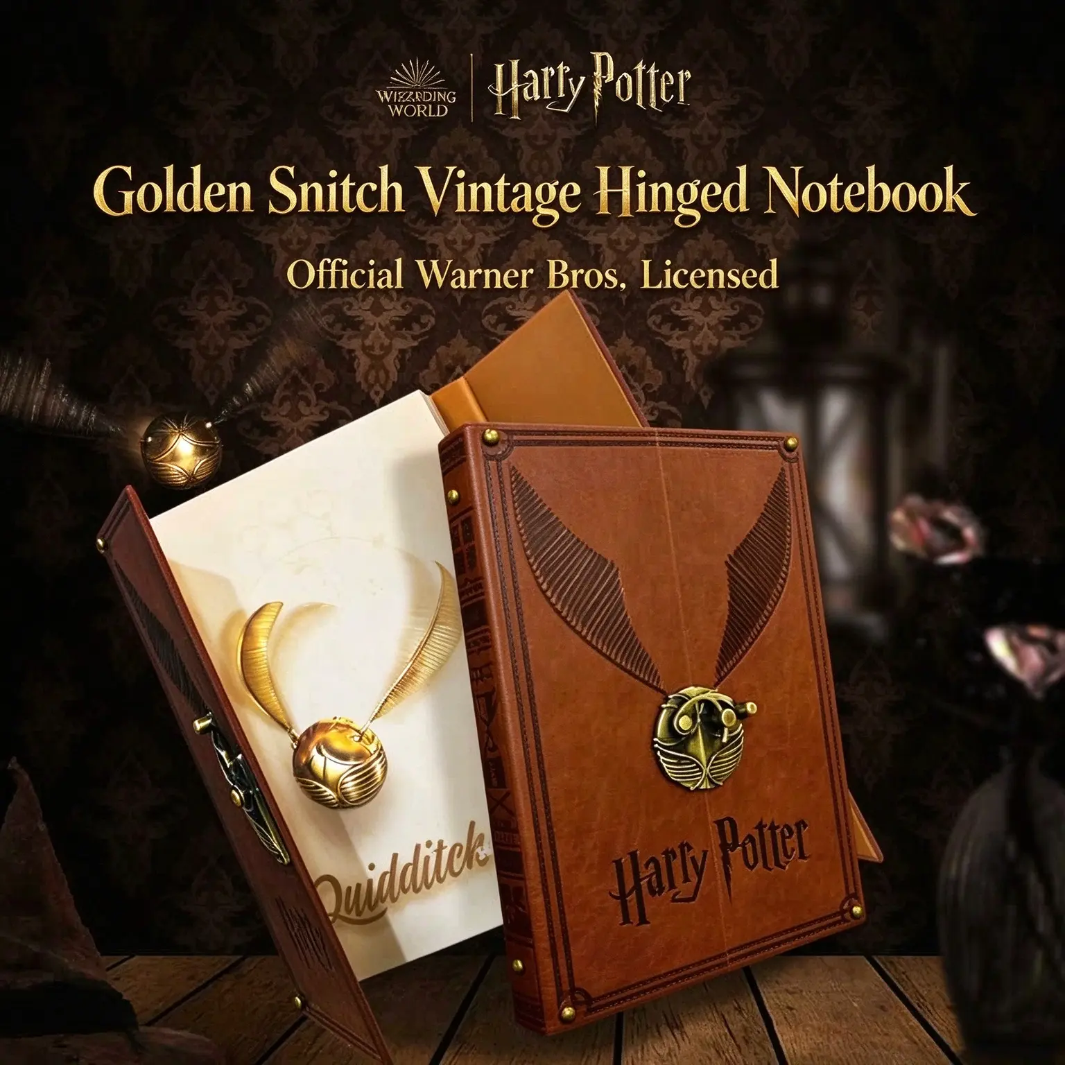 Harry Potter Golden Snitch Vintage Hinged Notebook - Featuring Winged Metal Clasp Double Door Cover and Printed Page Edges, A5 Color-Changing PU Journal for Potterheads & Writers, Holiday Birthday Gift Box