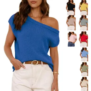JovenPara Women's Off-Shoulder Shortsleeve Nylon Knit Sweater Top - Casual, Summer Trendy Going Out Shirt