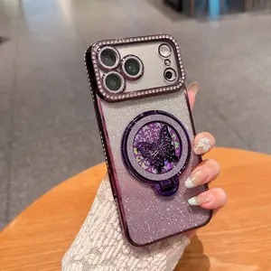 iPhone 17/16/15/14/13/12/11 Series Sparkling Butterfly Magnetic Phone Case, Diamond Lens Full Protection, Stand-In-One Design
