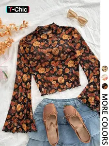 Women's Casual Breathable Floral Print Long Sleeve T-Shirt Blouse, Comfortable Fashion Top for Daily Wear, Stylish Ladies' Clothing