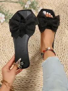 Flat Square Toe Slippers, PU Material, Anti-Slip PVC Sole, Casual Party Style, Medium Width, Perfect for Daily Wear and Gatherings