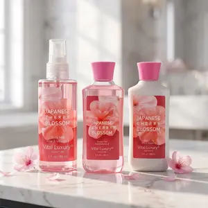 Vital Luxury Japanese Sakura Bath & Body Travel Set - 3oz Shower Gel, Lotion, Mist (Pouch, Nozzle) | Lightweight, Silky Lather, All-Day Freshness, Moisturizing, Revitalizing | Fragrance Body Care, Ideal Mother's Day Gift for Women (Wedding Favors), Mother