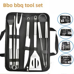 18/9-piece outdoor patio barbecue grill set, including various practical accessories such as knives and forks, and a carrying bag. Made of stainless steel with a wooden handle, it is suitable for outdoor patio barbecues . tool Stee Utensils Portable