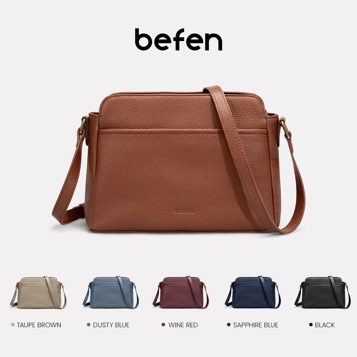 Befen Women’s Cow Hide Pebble Texture Genuine Leather Crossbody & Shoulder Bag - Small RFID Anti-Theft Purse with Locking Zipper, Magnetic Snap for Travel, Everyday Use, Cow Hide Women's Crossbody & Shoulder Bags, Solid, Adjustable, Casual, Daily