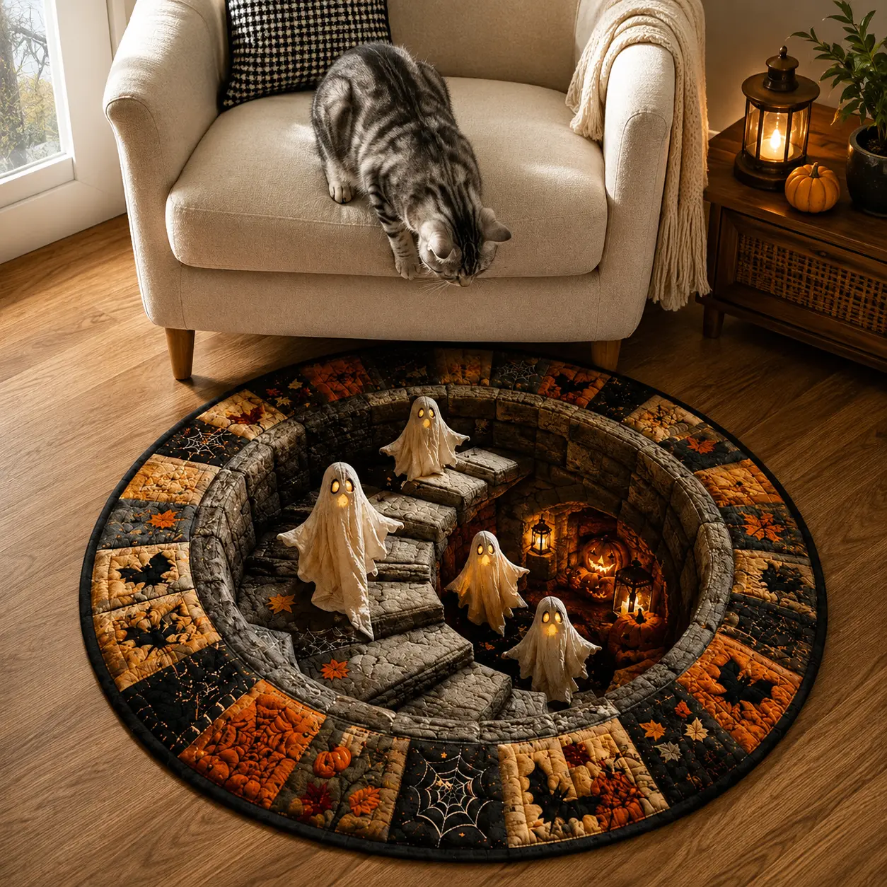 32-Inch 3D Haunted Staircase Round Rug, Halloween Optical Illusion Area Mat with Ghosts, Pumpkins, Cauldron, Soft Non-Slip Indoor Household Textile Decor